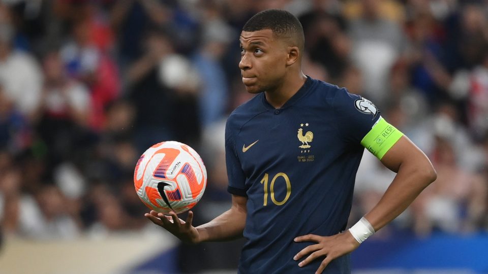 France's forward Kylian Mbappe looks on before taking a penalty shot during the UEFA Euro 2024 group B qualification football match between France and Greece at the Stade de France in Saint-Denis, in the northern outskirts of Paris, on June 19, 2023. (Photo by FRANCK FIFE / AFP)