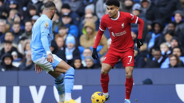 Luis Diaz #7 of Liverpool in action during the Premier League match Manchester City vs Liverpool at Etihad Stadium, Manchester, United Kingdom, 25th November 2023 — Photo by operations@newsimages.co.uk