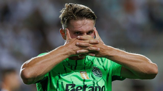 Viktor Gyokeres seen in action celebrating after scoring goal during Liga Portugal game between teams of SC Farense and Sporting CP at Estadio Algarve (Maciej Rogowski) — Photo by mrogowski_photography