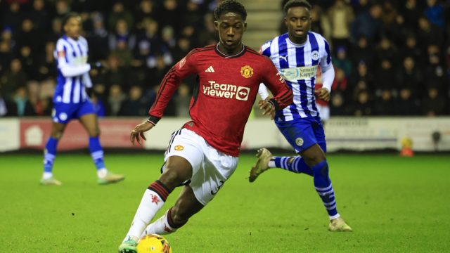 Kobbie Mainoo of Manchester United controls the ball during the Emirates FA Cup Third Round match Wigan Athletic vs Manchester United at DW Stadium, Wigan, United Kingdom, 8th January 2024 (Photo by Conor Molloy/News Images)