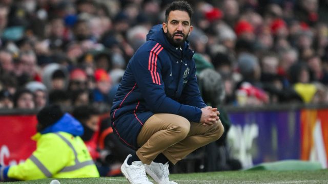 Ruben Amorim Manager of Manchester United crouches down during the Premier League match Manchester United vs Bournemouth at Old Trafford, Manchester, United Kingdom, 22nd December 2024 — Photo by operations@newsimages.co.uk