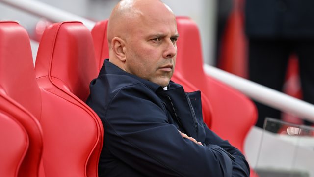 Arne Slot Head Coach of Liverpool watches on the warm ups ahead of the Premier League match Liverpool vs Brighton and Hove Albion at Anfield, Liverpool, United Kingdom, 2nd November 2024 — Photo by operations@newsimages.co.uk