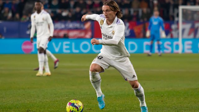 Madrid, Spain- February 18, 2023: League match between Real Madrid and Osasuna in Pamplona. Luka Modric with the ball. Real Madrid player. — Photo by Musiu0