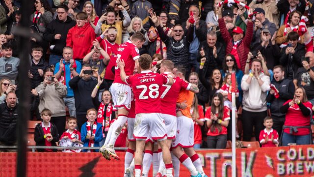 Wrexham players celebrate Jay Rodriguez opening goal during the Sky Bet League 1 match Wrexham vs Stockport County at SToK Cae Ras, Wrexham, United Kingdom, 22nd March 2025 — Photo by operations@newsimages.co.uk