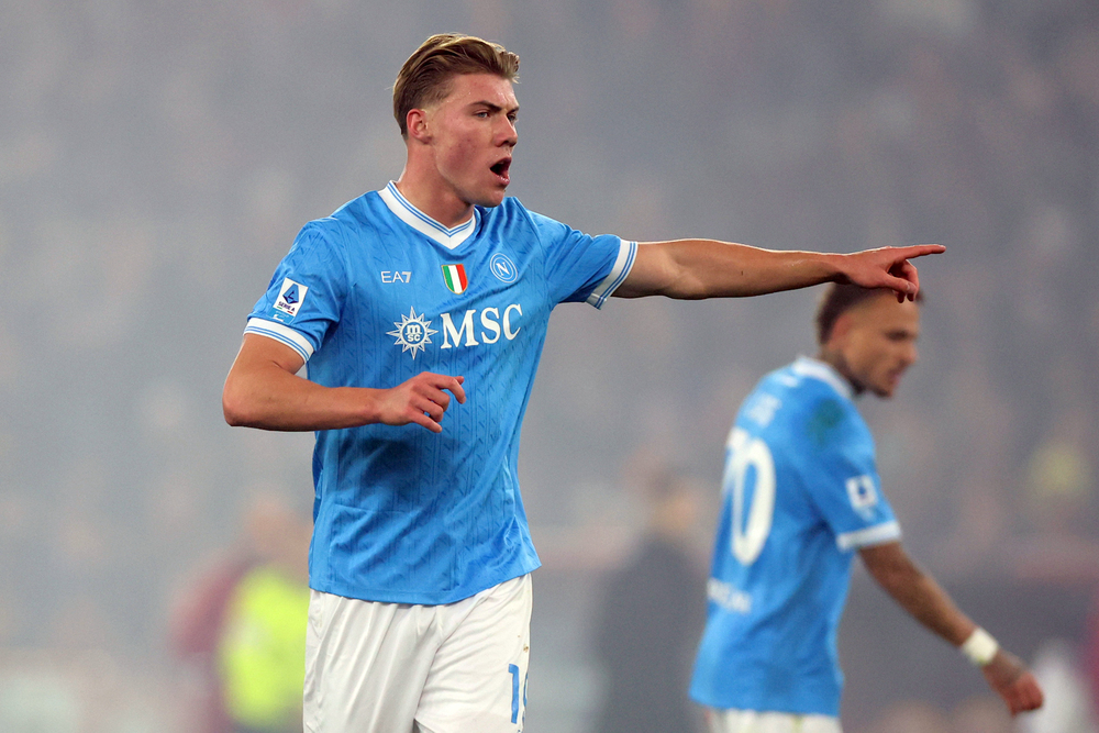 Rome, Italy - November 30, 2025: Hojlund Rasmus Winter seen in action during the Serie A Enilive 2025-2026 football match between AS Roma and SSC Napoli at Olympic Stadium — Photo by m.iacobucci.tiscali.it