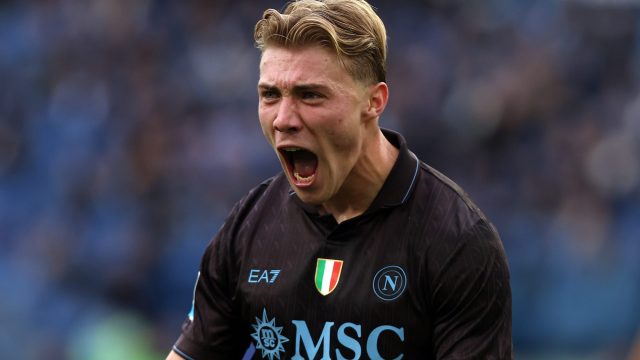 Rome, Italy - January 4, 2026: Rasmus Hojlund of S.S.C. Napoli celebrate Leonardo Spinazzola of S.S.C. Napoli score during the Serie A Enilive 2025-2026 football match between S.S. Lazio vs S.S.C. Napoli at Olympic Stadium — Photo by m.iacobucci.tiscali.it