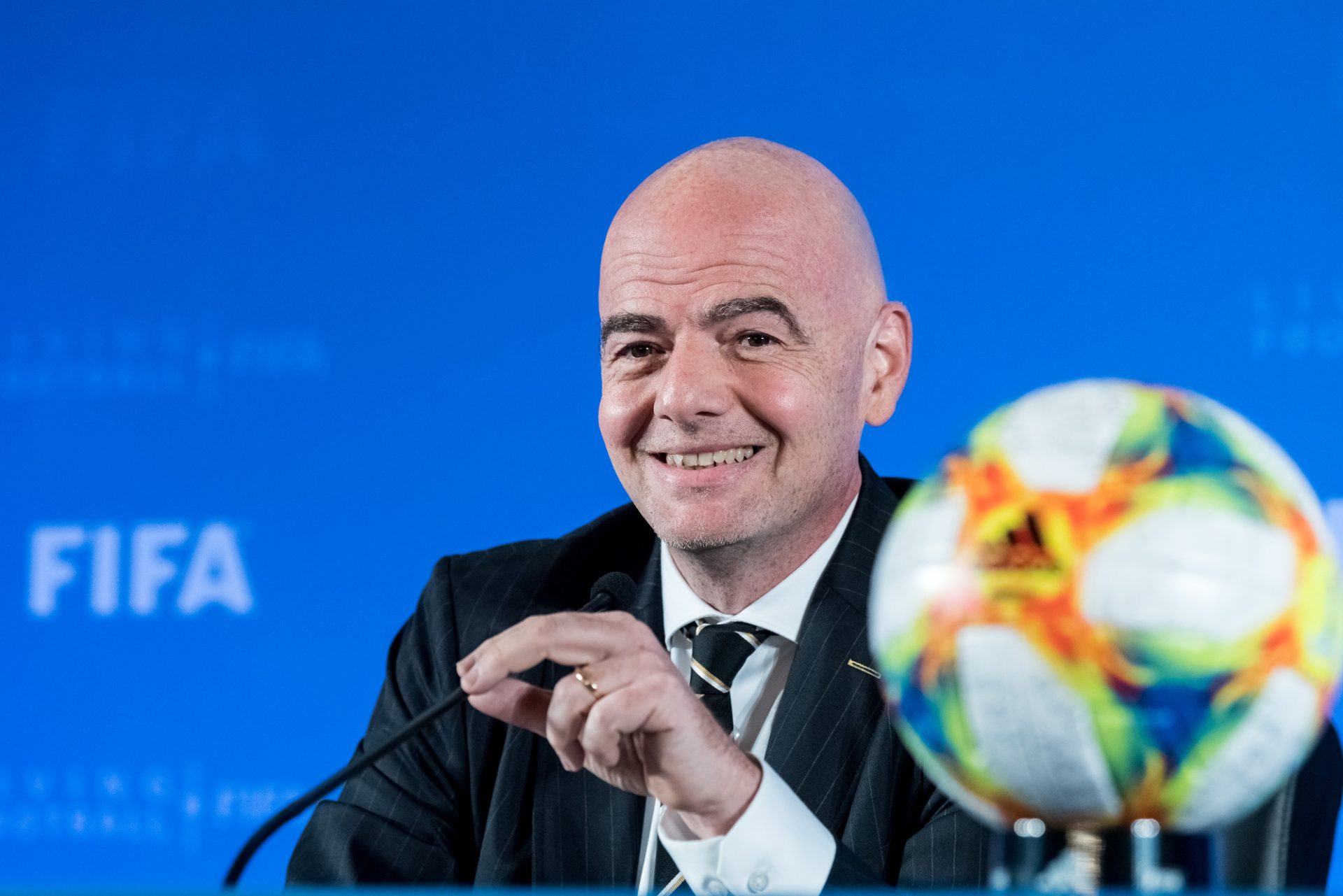 Gianni Infantino, the current president of FIFA, attends the FIFA Council Meeting at which FIFA officially announces that 2021 FIFA Club World Cup will be held in China, in Shanghai, China, 24 October 2019. *** Local Caption *** fachaoshi — Photo by IC Photo