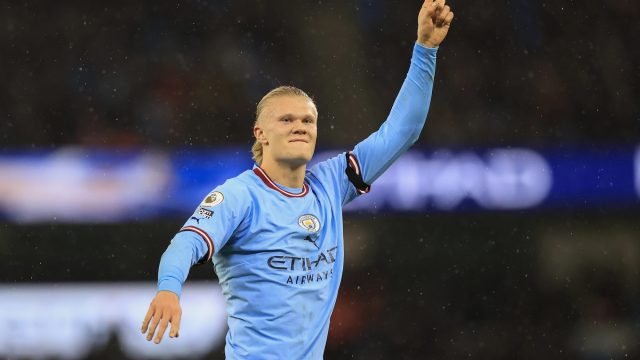 Erling Haaland #9 of Manchester City celebrates winning a free-kick during the Premier League match Manchester City vs Everton at Etihad Stadium, Manchester, United Kingdom, 31st December 202 — Photo by operations@newsimages.co.uk