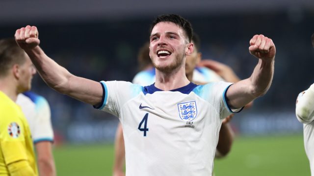 Naples, Italy 23.03.2023: Declan Rice (ENGLAND) celebrate victory at end of the Uefa European Qualifiers 2024 Group C football match between ITALY VS ENGLAND at Diego Armando Maradona stadium in Naples, Italy. — Photo by m.iacobucci.tiscali.it
