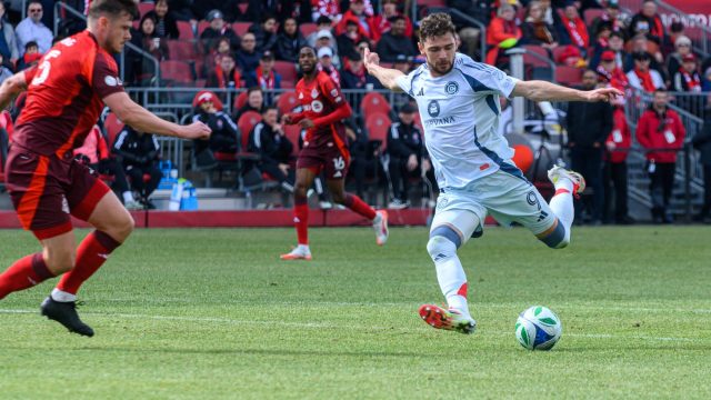 Toronto, ON, Canada - March 15, 2025: #5 Kevin Long of Toronto FC blocks a shot from #9 Hugo Cuypers of Chicago Fire FC during an MLS match at BMO Field. (Score 1:2, Chicago Fire FC wins) — Photo by informaplus.photoagency.gmail.com