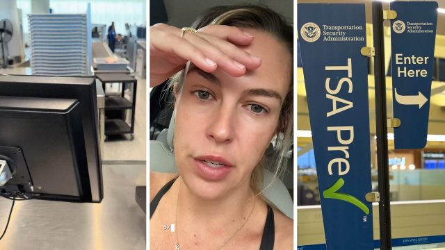 Security area in an airport (l) woman shares TSA experience (c) TSA sign (r)