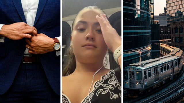 man in business attire (l) woman shares train experience (c) Train on the go (r)