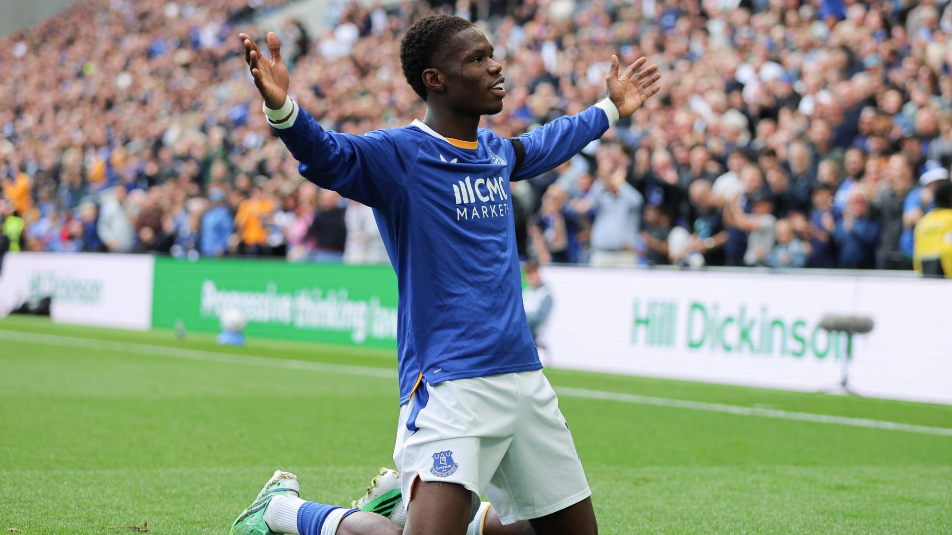 Thierno Barry of Everton celebrates after scoring teams first goal during the Premier League match Everton vs Ipswich Town at Hill Dickinson Stadium, Liverpool, United Kingdom on 19 September 2026 — Photo by operations@newsimages.co.uk