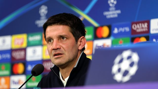 MILAN, ITALY - FEBRUARY 24: Cristian Chivu, Head Coach of FC Internazionale Milano, speaks to the media in a post match press conference following the UEFA Champions League 2025/26 League Knockout Play-off Second Leg match between FC Internazionale Milano and FK Bodo/Glimt at Stadio San Siro on February 24, 2026 in Milan, Italy. (Photo by Francesco Scaccianoce - UEFA/UEFA via Getty Images)