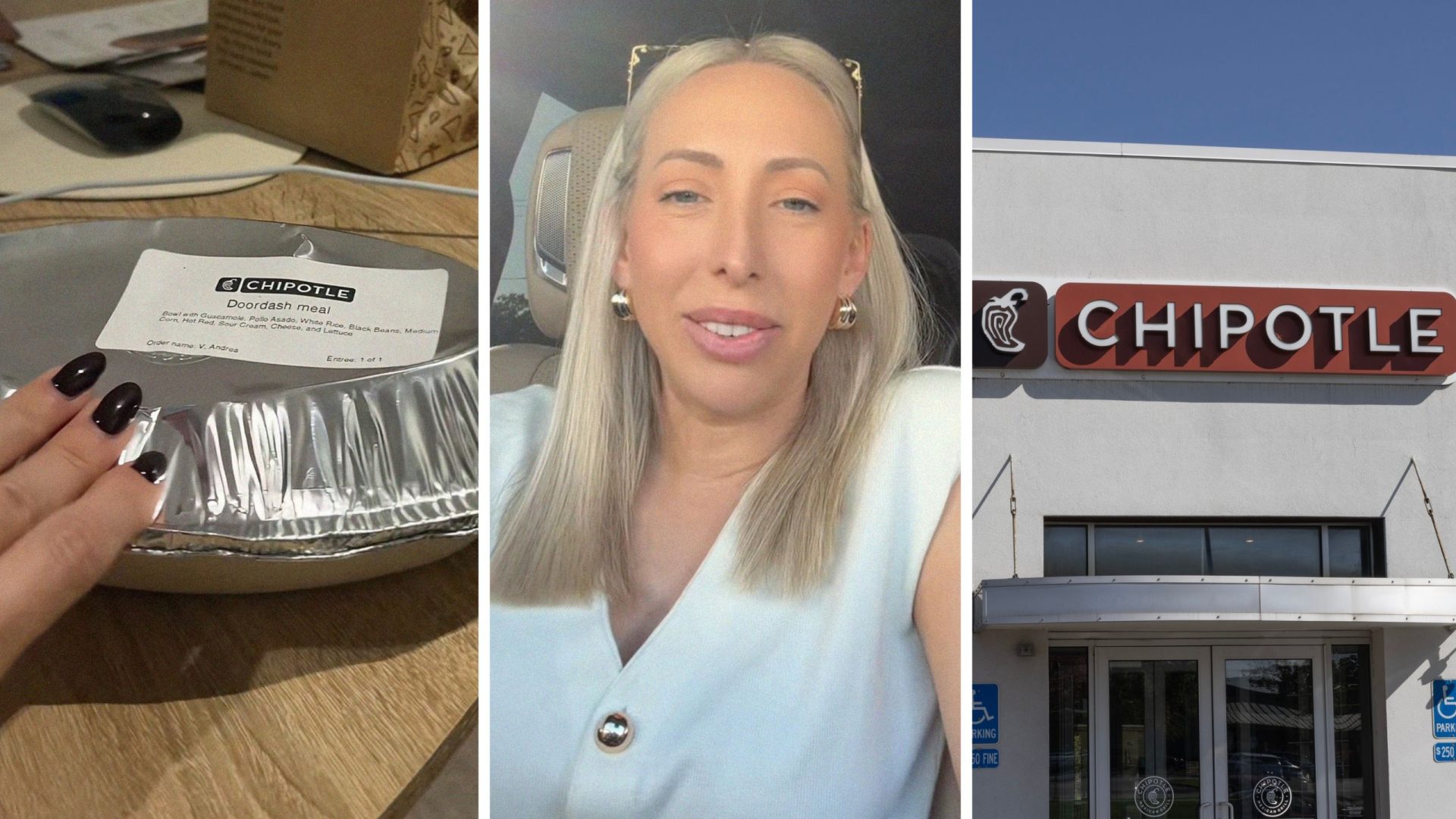 Chipotle bowl (l) woman shares food order issue (c) Chipotle entrance (r)