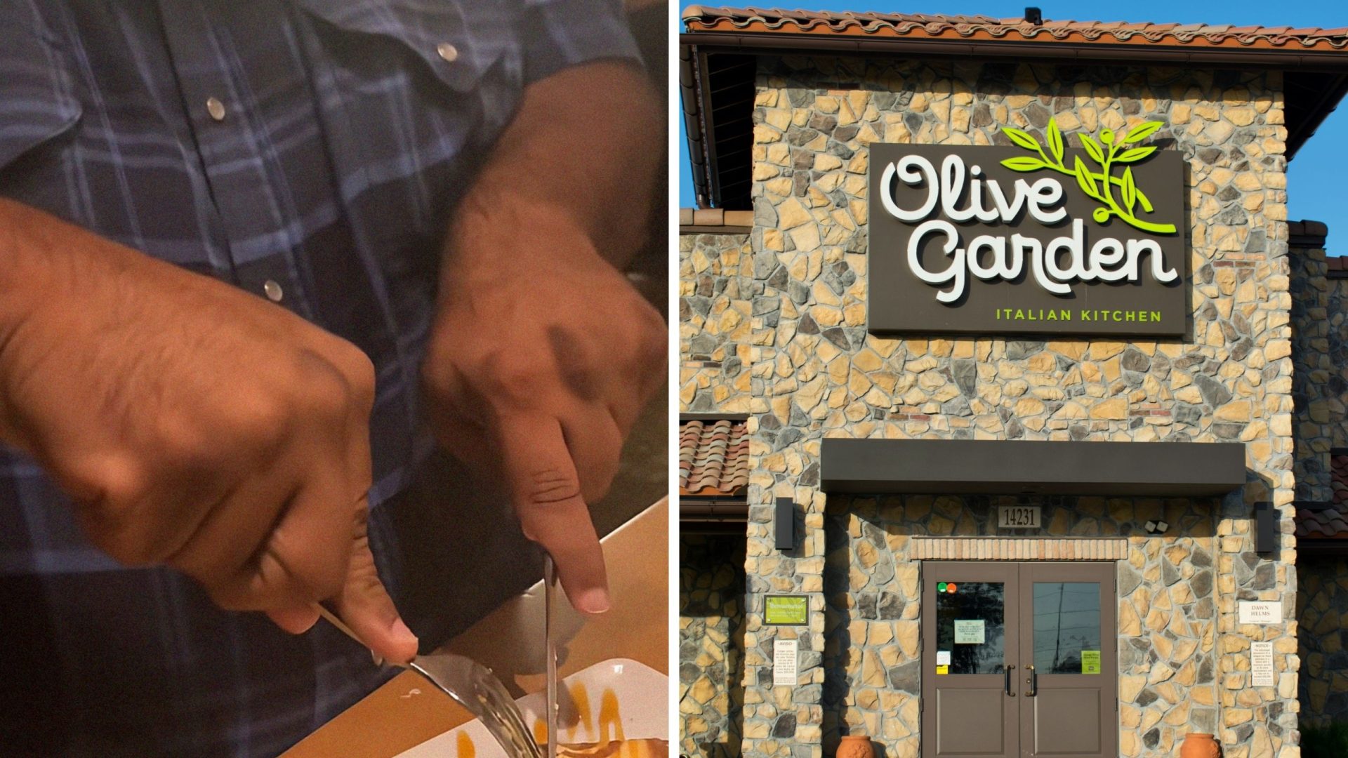 man cutting into dessert (l) Olive Garden entrance (r)