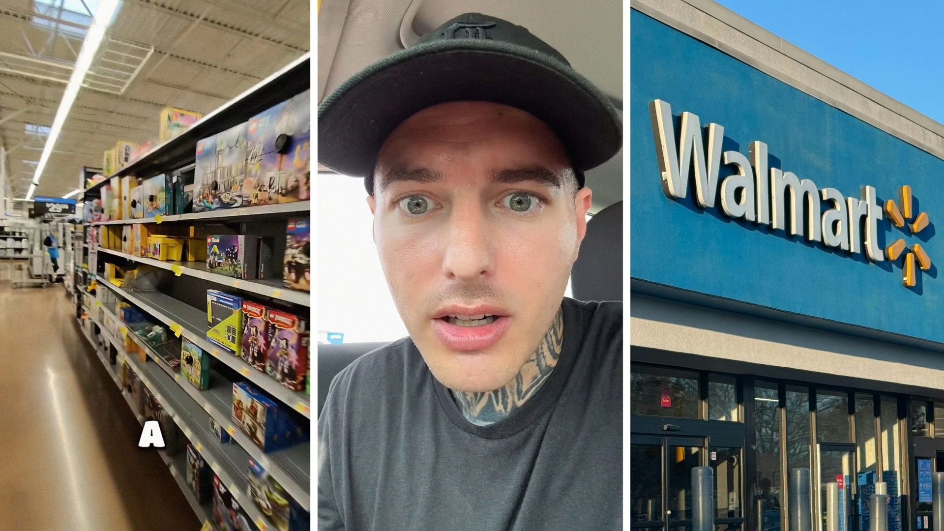 walmart toys (l) man shares walmart experience (c) walmart storefront (r)