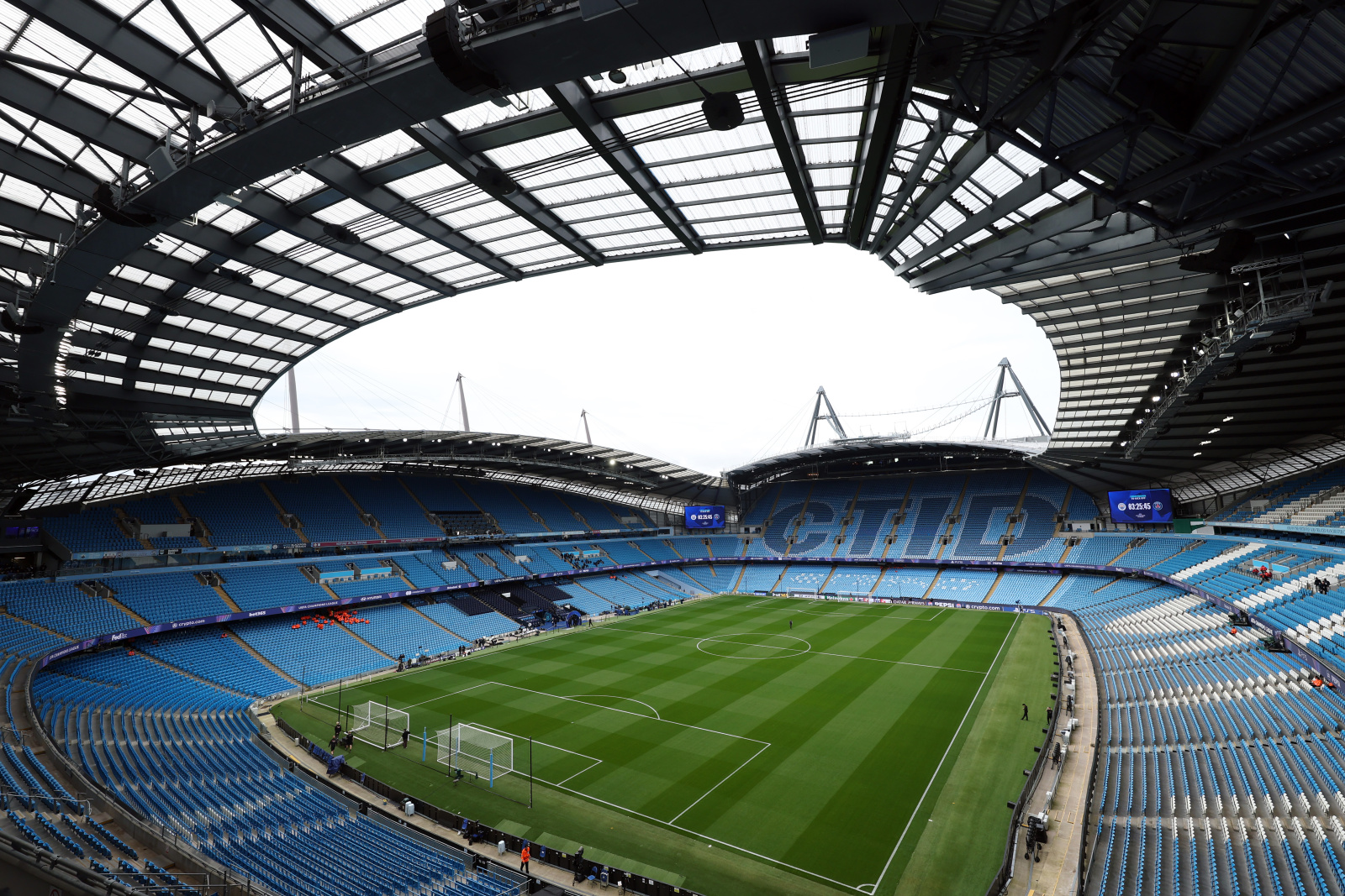 MANCHESTER, ENGLAND - OCTOBER 14: General view inside the stadium before the UEFA Champions League 2026/27 League Phase MD2 match between Manchester City and Paris Saint-Germain at City of Manchester Stadium on October 14, 2026 in Manchester, England. (Photo by Julian Finney - UEFA/UEFA via Getty Images)