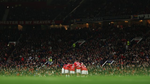 MANCHESTER, ENGLAND - SEPTEMBER 10: General view inside the stadium as players of Manchester United gather for a team huddle before the UEFA Champions League 2026/27 League Phase MD1 match between Manchester United and Sabah FC at Old Trafford on September 10, 2026 in Manchester, England. (Photo by Michael Regan - UEFA/UEFA via Getty Images)