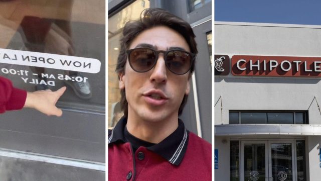 opening hours (l) man shares chipotle experience (c) Chipotle entrance (r)