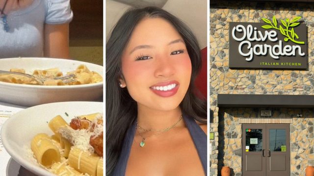 Pasta bowls (l) woman shares Olive Garden Hack (c) Olive Garden entrance (r)