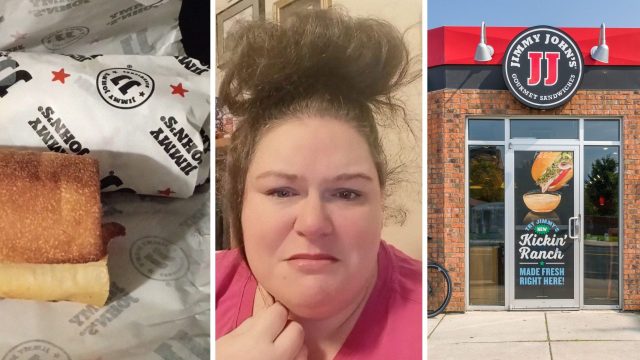 sandwich order (l) woman shares food order concern (c) Jimmy John's entrance (r)