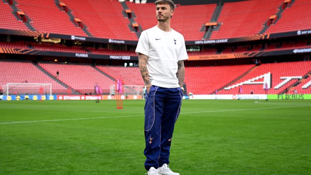 BILBAO, SPAIN - MAY 20: James Maddison of Tottenham Hotspur, who is currently recovering from an injury, looks on during a Tottenham Hotspur training session ahead of the UEFA Europa League Final 2025 between Tottenham Hotspur and Manchester United at Estadio de San Mames on May 20, 2025 in Bilbao, Spain. (Photo by Michael Regan - UEFA/UEFA via Getty Images)