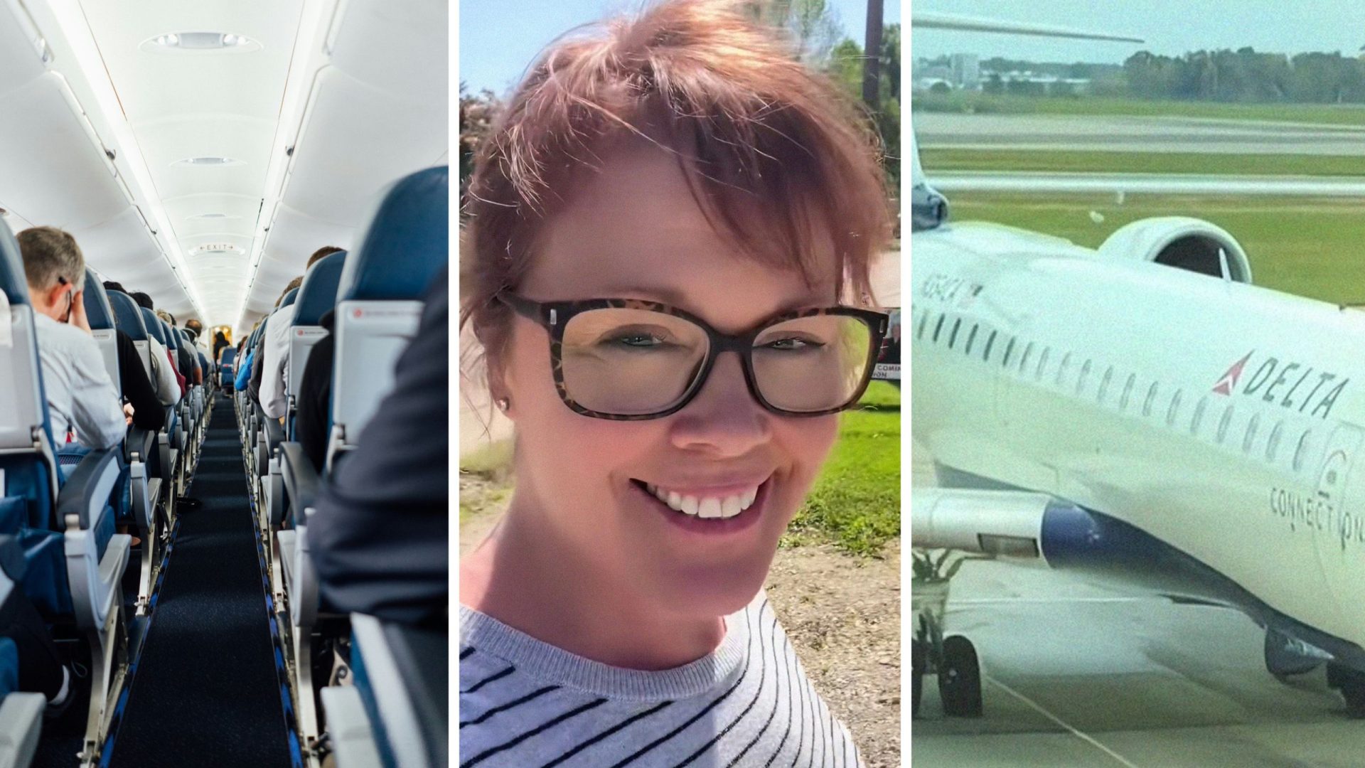 plane seats (l) woman shares plane observation (c) Delta aircraft (r)