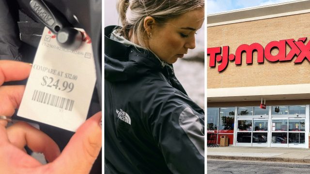 TJ Maxx price tag (l) woman wearing North Face Jacket (c) TJ Maxx storefront (r)