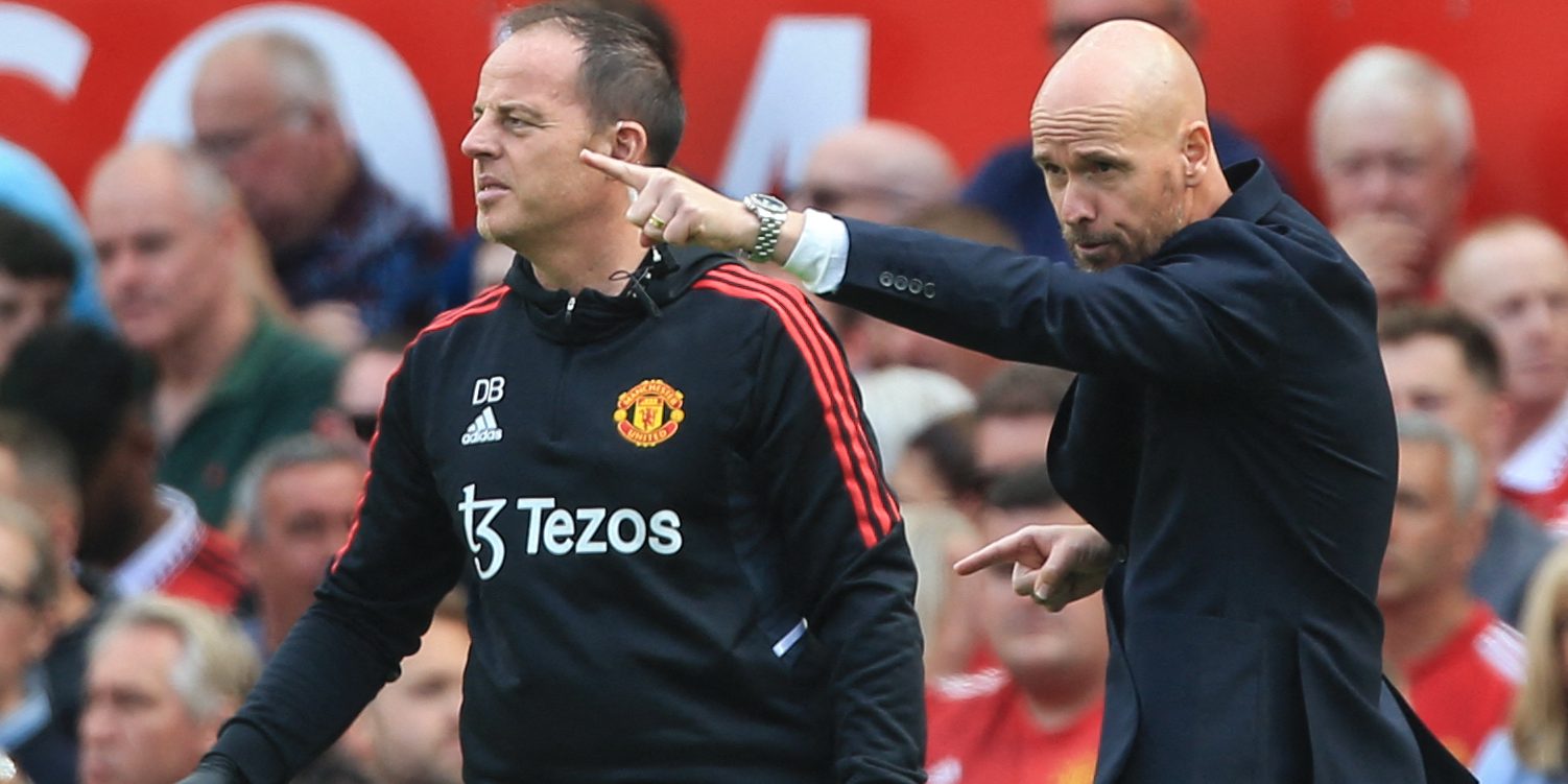 Manchester United's Dutch manager Erik ten Hag reacts during the English Premier League football match between Manchester United and Brighton and Hove Albion at Old Trafford in Manchester, north west England, on August 7, 2022. - RESTRICTED TO EDITORIAL USE. No use with unauthorized audio, video, data, fixture lists, club/league logos or 'live' services. Online in-match use limited to 120 images. An additional 40 images may be used in extra time. No video emulation. Social media in-match use limited to 120 images. An additional 40 images may be used in extra time. No use in betting publications, games or single club/league/player publications. (Photo by Lindsey Parnaby / AFP) / RESTRICTED TO EDITORIAL USE. No use with unauthorized audio, video, data, fixture lists, club/league logos or 'live' services. Online in-match use limited to 120 images. An additional 40 images may be used in extra time. No video emulation. Social media in-match use limited to 120 images. An additional 40 images may be used in extra time. No use in betting publications, games or single club/league/player publications. / RESTRICTED TO EDITORIAL USE. No use with unauthorized audio, video, data, fixture lists, club/league logos or 'live' services. Online in-match use limited to 120 images. An additional 40 images may be used in extra time. No video emulation. Social media in-match use limited to 120 images. An additional 40 images may be used in extra time. No use in betting publications, games or single club/league/player publications. (Photo by LINDSEY PARNABY/AFP via Getty Images)