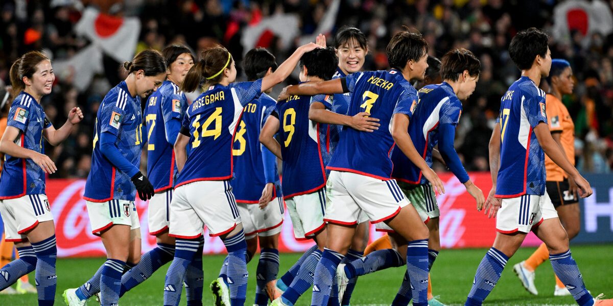 Japan's forward #09 Riko Ueki celebrates after scoring a penalty and the team's fifth goal during the Australia and New Zealand 2023 Women's World Cup Group C football match between Zambia and Japan at Waikato Stadium in Hamilton on July 22, 2023. (Photo by Saeed KHAN / AFP)