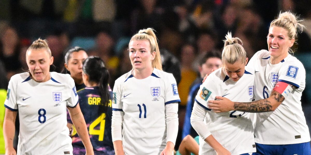 England's forward #23 Alessia Russo celebrates scoring her team's second goal during the Australia and New Zealand 2023 Women's World Cup quarter-final football match between Colombia and England at Stadium Australia in Sydney on August 12, 2023. (Photo by Izhar KHAN / AFP)