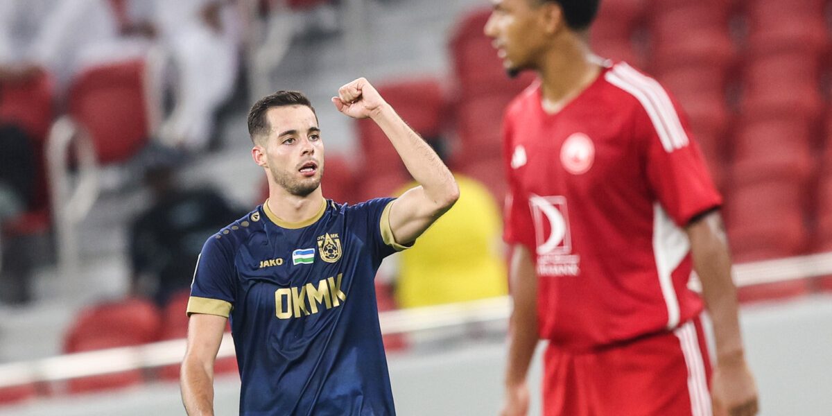 DOHA, QATAR - AUGUST 22: RUBEN SANCHEZ  of  AGMK FC celebrates after scoring against Al Arabi SC during the AFC Champions League West PLAYOFF between Al Arabi SC and AGMK FC at Al Thumama Stadium on August 22, 2023 in Doha, Qatar. (Photo by Mohamed Farag)