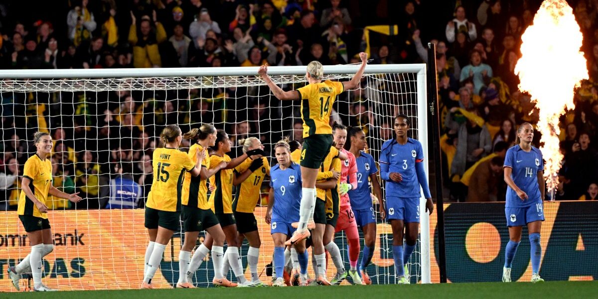 Australia celebrates scoring against France during the women's International football friendly match between Australia and France at Marvel Stadium in Melbourne on July 14 2023. (Photo by William WEST / AFP) / -- IMAGE RESTRICTED TO EDITORIAL USE - STRICTLY NO COMMERCIAL USE --  - -- IMAGE RESTRICTED TO EDITORIAL USE - STRICTLY NO COMMERCIAL USE --