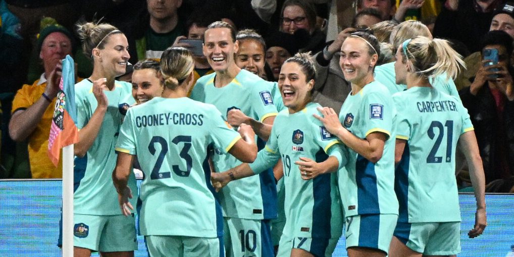 Australia's players celebrate after Australia's forward #16 Hayley Raso scored her team's second goal during the Australia and New Zealand 2023 Women's World Cup Group B football match between Canada and Australia at Melbourne Rectangular Stadium, also known as AAMI Park, in Melbourne on July 31, 2023. (Photo by WILLIAM WEST / AFP)