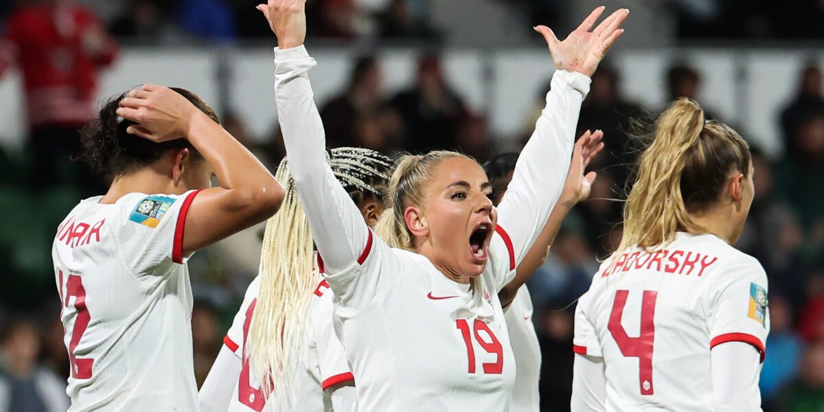 Canada's forward #19 Adriana Leon (C) celebrates scoring her team's second goal during the Australia and New Zealand 2023 Women's World Cup Group B football match between Canada and Ireland at Perth Rectangular Stadium in Perth on July 26, 2023. (Photo by Colin MURTY / AFP)