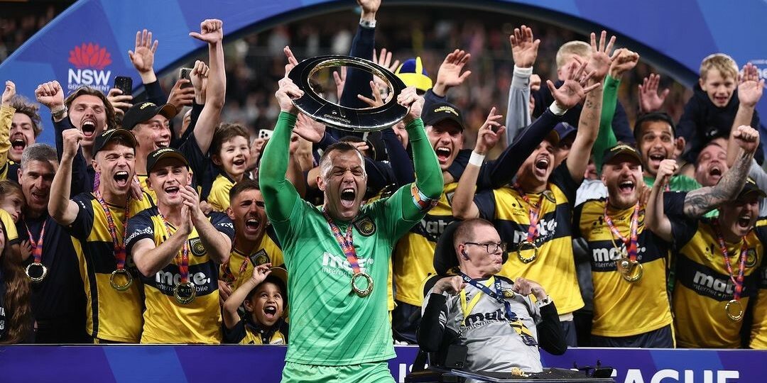 SYDNEY, AUSTRALIA - JUNE 03: Daniel Vukovic of the Mariners celebrates winning the 2023 A-League Men's Grand Final match between Melbourne City and Central Coast Mariners at CommBank Stadium on June 03, 2023 in Sydney, Australia. (Photo by Matt King/Getty Images)