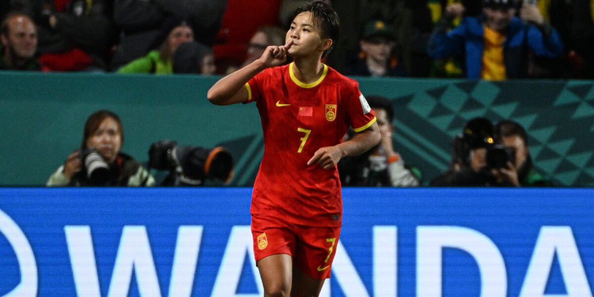 China's forward #07 Wang Shuang celebrates scoring her team's first goal during the Australia and New Zealand 2023 Women's World Cup Group D football match between China and Haiti at Hindmarsh Stadium in Adelaide on July 28, 2023. (Photo by Brenton EDWARDS / AFP)