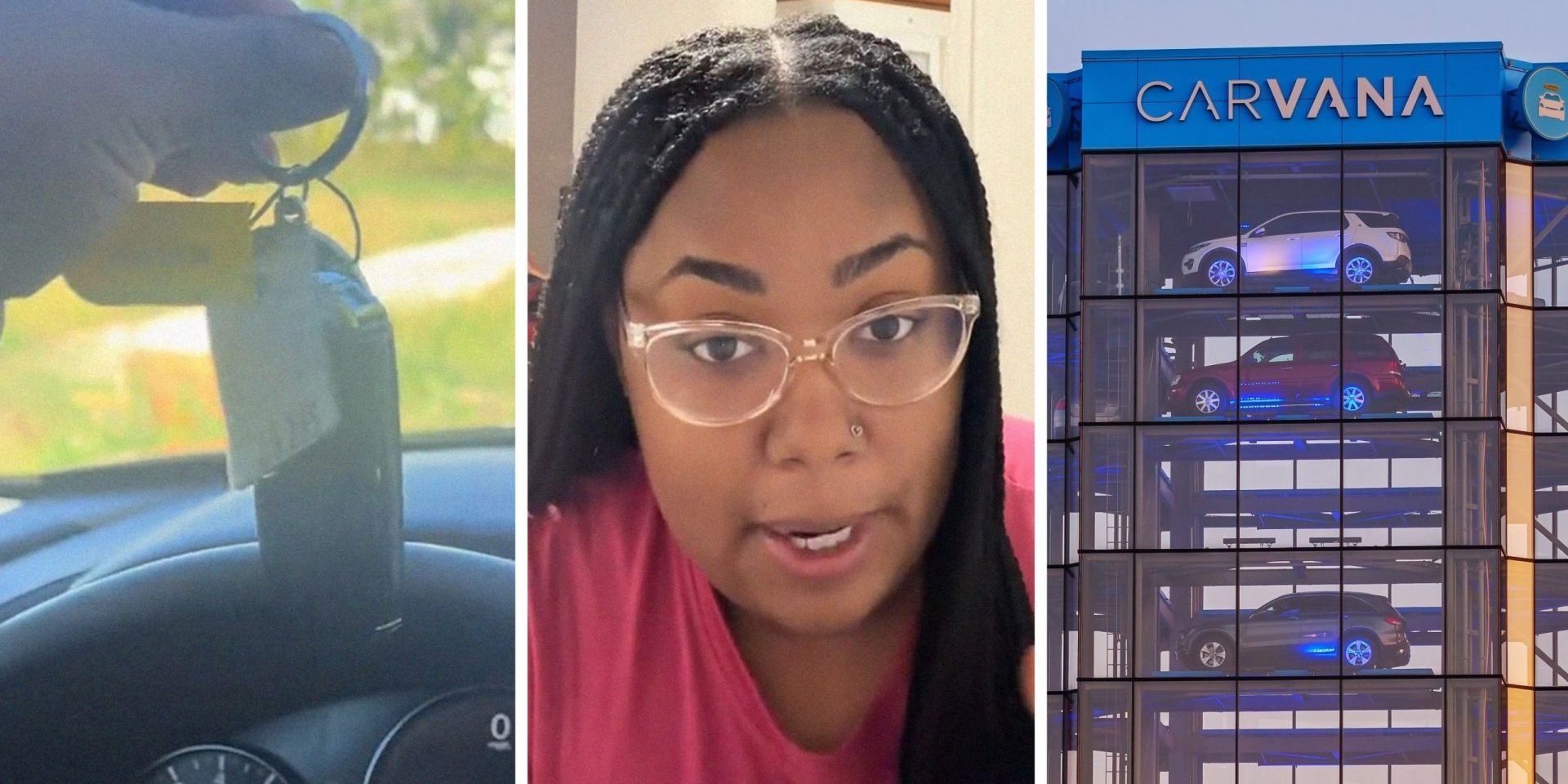 car keys (l) woman shares car shopping experience (c) Carvana office (r)