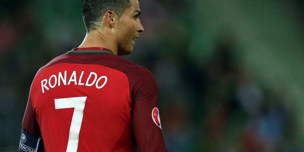 SAINT ETIENNE- FRANCE,  J UNE 2016 :  Cristiano Ronaldo in action during football match  of Euro 2016  in France between Portugal vs Iceland at the stade geoffroy guichard on June 14, 2016 in Saint Etienne