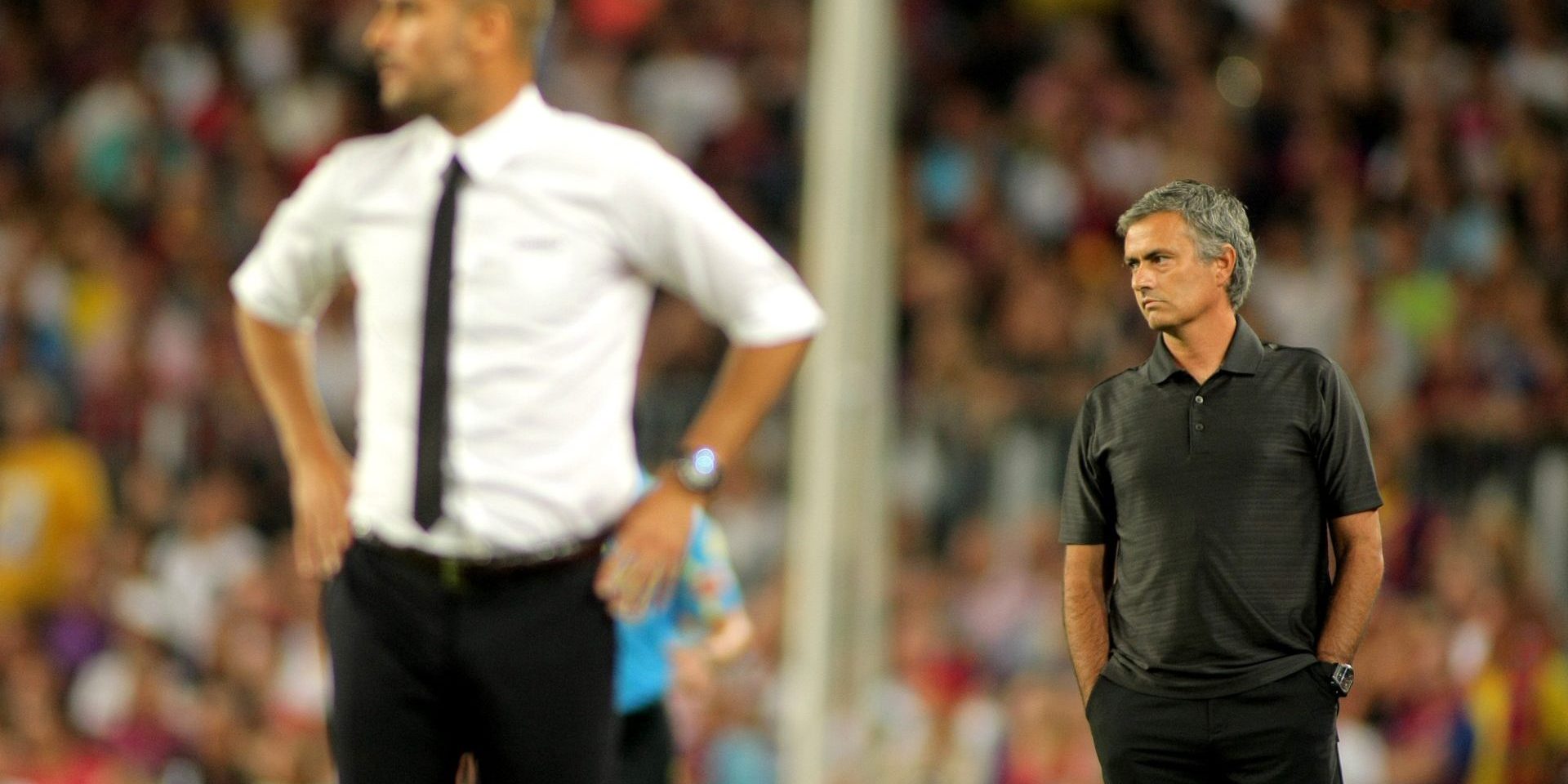 Guardiola of Barcelona and Mourinho of Madrid during the Spanish Supercup football match between Barcelona vs Real Madrid at the New Camp Stadium in Barcelona, on August 17, 2011 — Photo by Maxisports