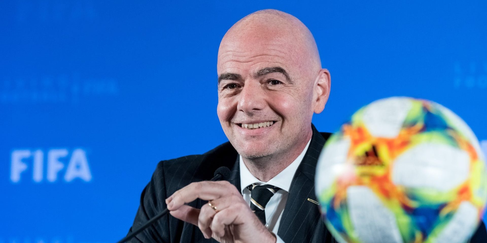 Gianni Infantino, the current president of FIFA, attends the FIFA Council Meeting at which FIFA officially announces that 2021 FIFA Club World Cup will be held in China, in Shanghai, China, 24 October 2019. *** Local Caption *** fachaoshi — Photo by IC Photo