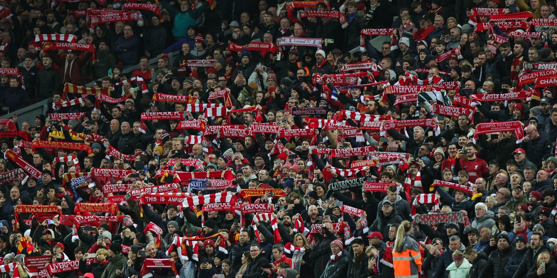 Liverpool fans sing ahead of the Premier League match Liverpool vs Leicester City at Anfield, Liverpool, United Kingdom, 30th December 202 — Photo by operations@newsimages.co.uk
