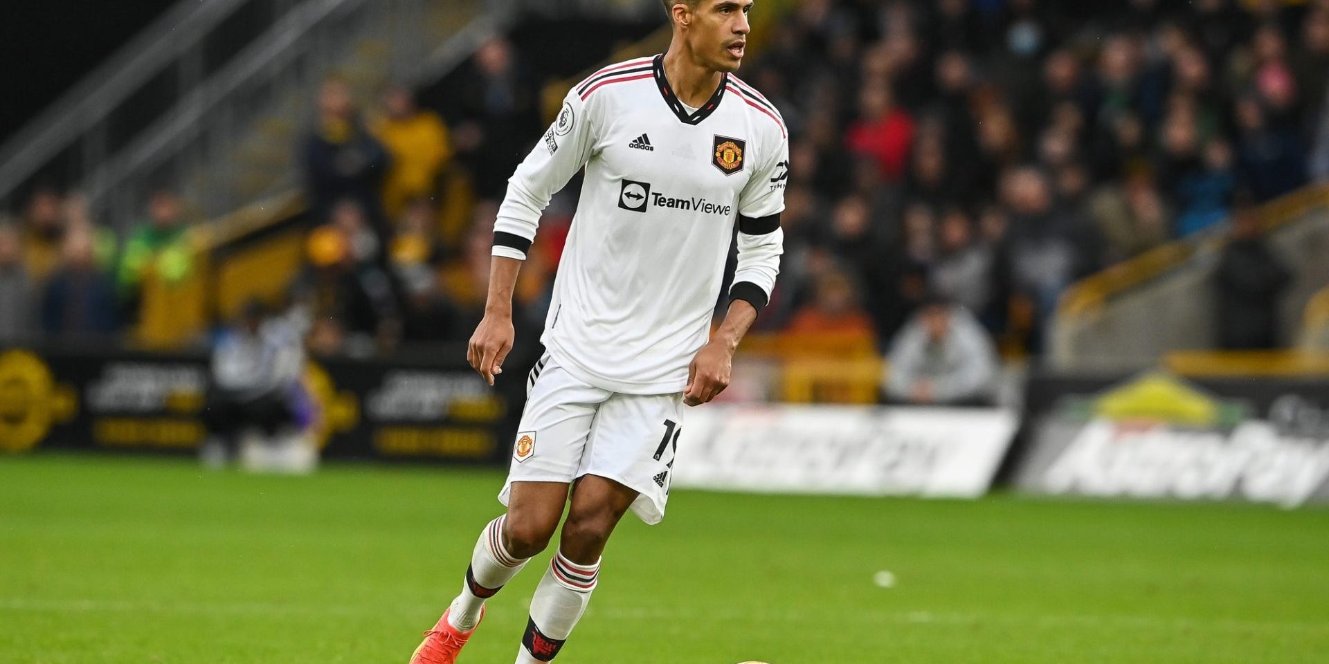 Raphael Varane #19 of Manchester United in action during the Premier League match Wolverhampton Wanderers vs Manchester United at Molineux, Wolverhampton, United Kingdom, 31st December 202 — Photo by operations@newsimages.co.uk
