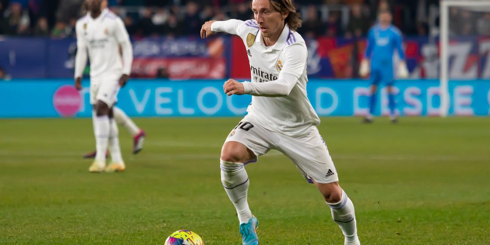 Madrid, Spain- February 18, 2023: League match between Real Madrid and Osasuna in Pamplona. Luka Modric with the ball. Real Madrid player. — Photo by Musiu0