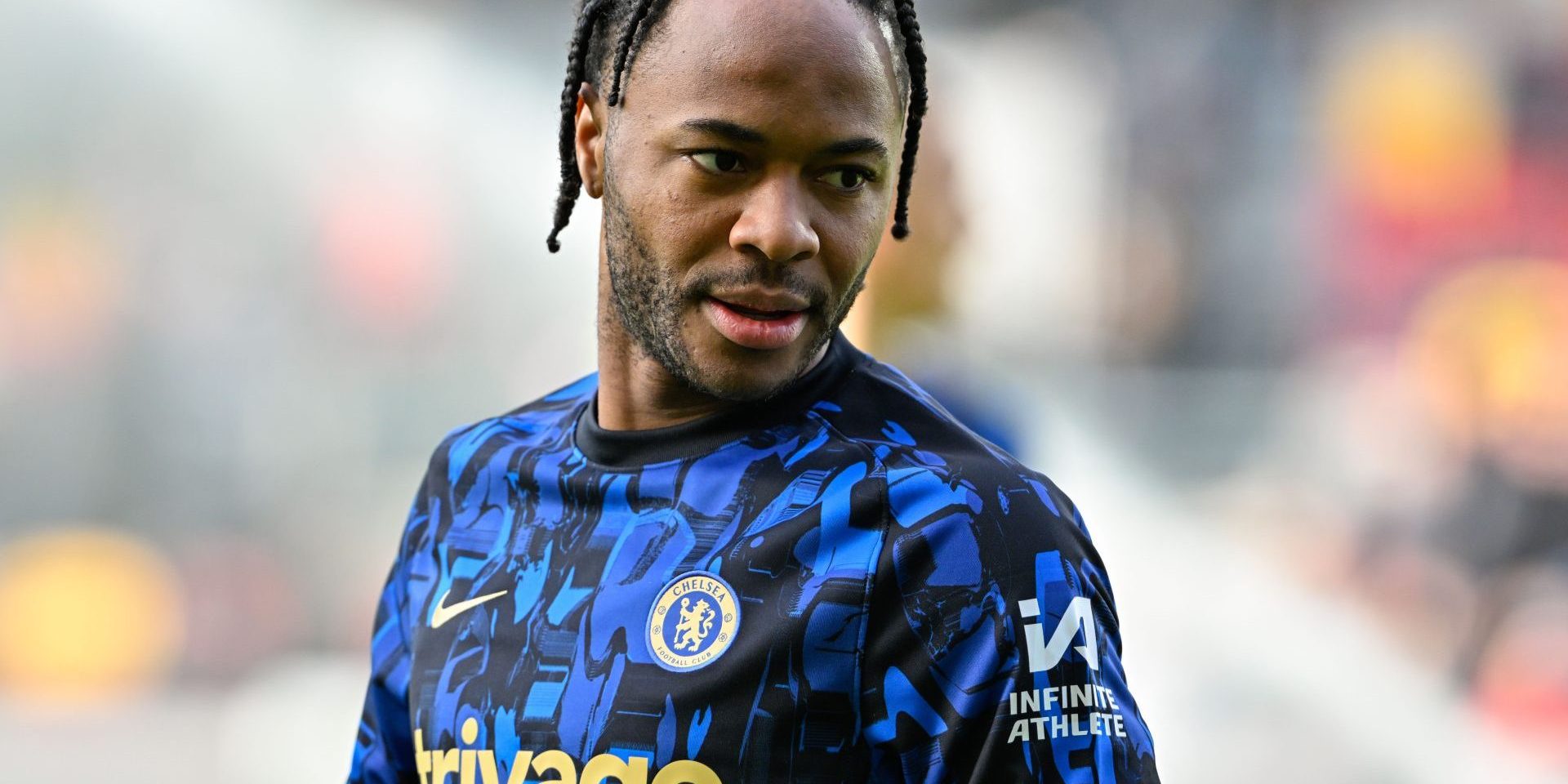 Raheem Sterling of Chelsea warms up ahead of the match, during the Premier League match Brentford vs Chelsea at The Gtech Community Stadium, London, United Kingdom, 2nd March 202 — Photo by operations@newsimages.co.uk