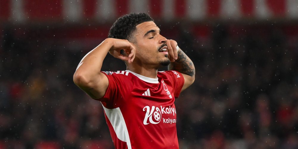 Morgan Gibbs-White of Nottingham Forest celebrates his goal to make it 3-0 during the Premier League match Nottingham Forest vs Fulham at City Ground, Nottingham, United Kingdom, 2nd April 202 — Photo by operations@newsimages.co.uk