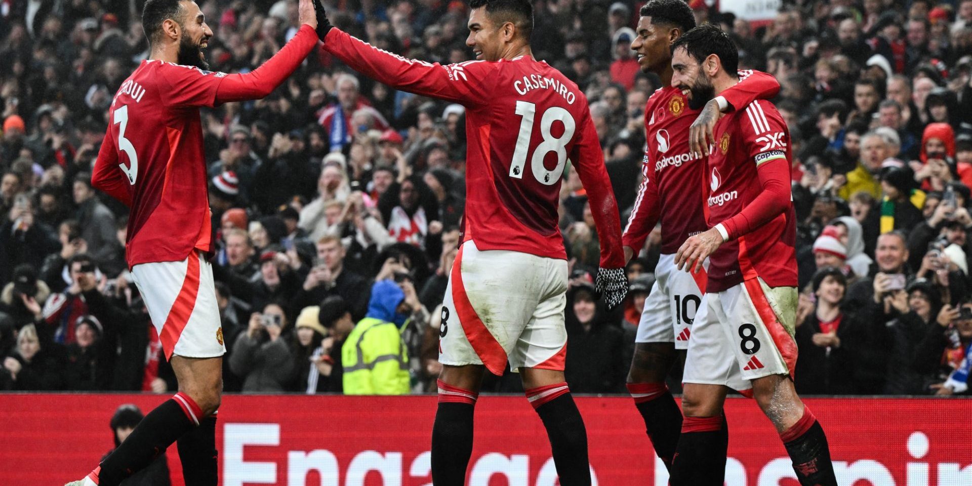 Bruno Fernandes of Manchester United celebrates his goal to make it 2-0 during the Premier League match Manchester United vs Leicester City at Old Trafford, Manchester, United Kingdom, 10th November 2024 — Photo by operations@newsimages.co.uk
