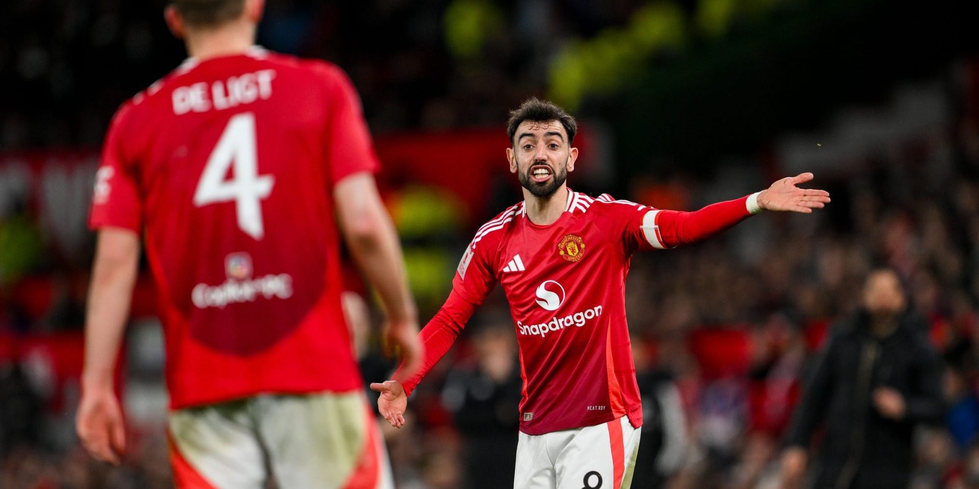 Bruno Fernandes of Manchester United gives instructions to Matthijs de Ligt during the Emirates FA Cup 5th Round match Manchester United vs Fulham at Old Trafford, Manchester, United Kingdom, 2nd March 2025 — Photo by operations@newsimages.co.uk
