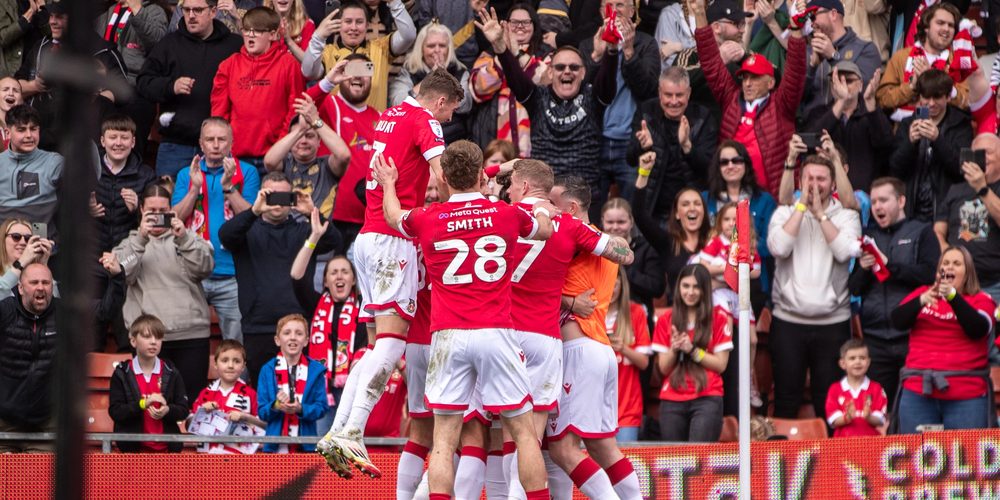 Wrexham players celebrate Jay Rodriguez opening goal during the Sky Bet League 1 match Wrexham vs Stockport County at SToK Cae Ras, Wrexham, United Kingdom, 22nd March 2025 — Photo by operations@newsimages.co.uk
